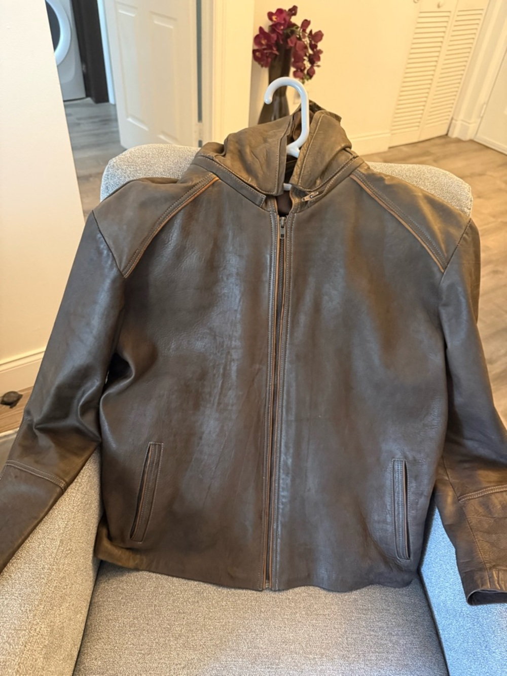 Brown 100% premium genuine leather with removable Zip-Up Hoodie jacket